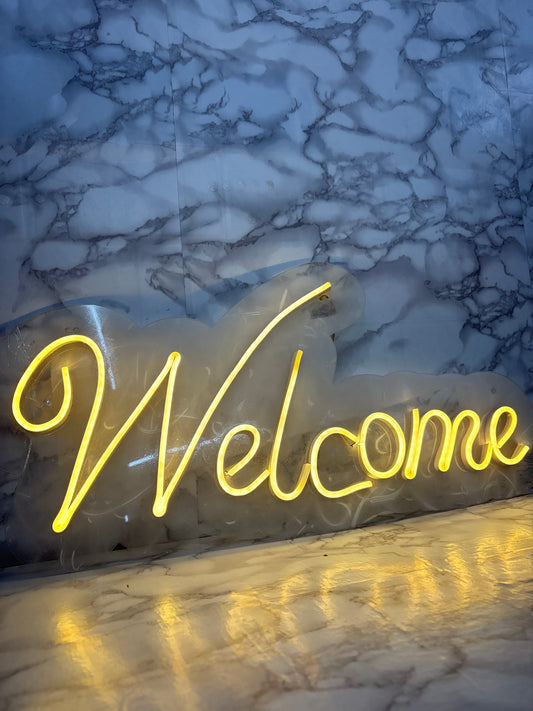 Warm Yellow LED Neon “Welcome” Sign – Acrylic Backlit Wall Decor for Home & Events