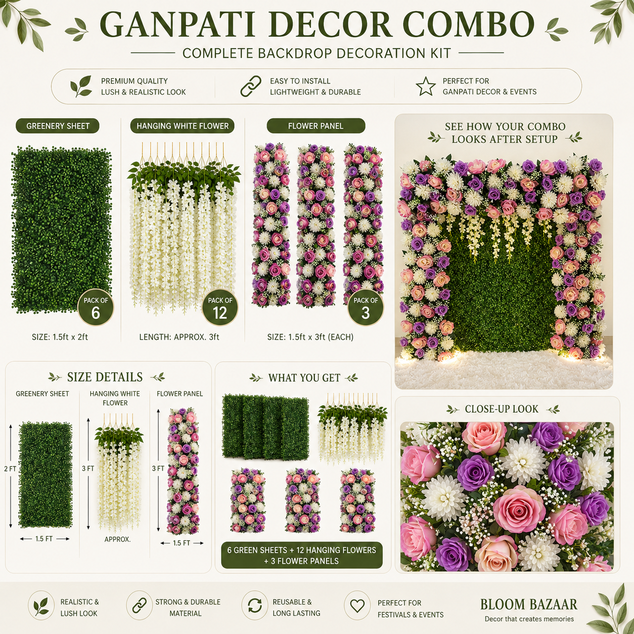 Ganpati Decor Combo – Artificial Greenery, Flower Panels & Hanging Flowers
