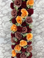 Artificial Floral Wall Panel – Orange, Maroon & Nude Rose Decoration Panel for Events (Ready-to-Use)