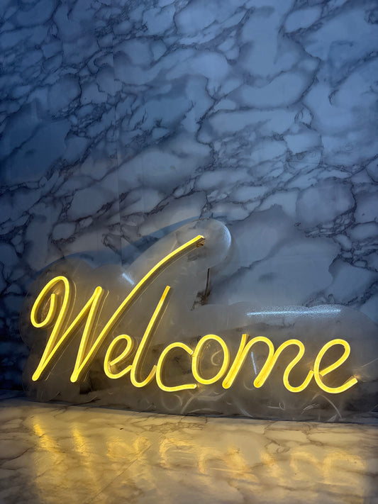 Warm Yellow LED Neon “Welcome” Sign – Acrylic Backlit Wall Decor for Home & Events
