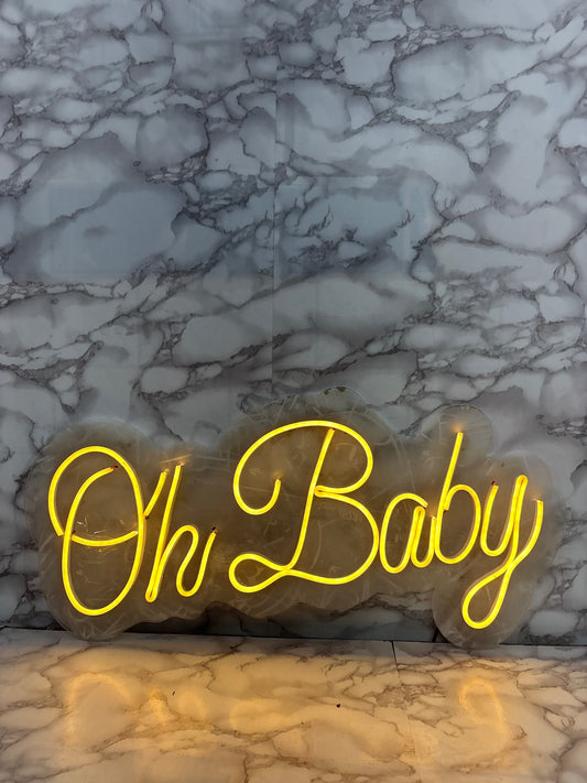 Warm Yellow LED Neon “Oh Baby” Sign – Acrylic Backlit Baby Shower & Event Decor