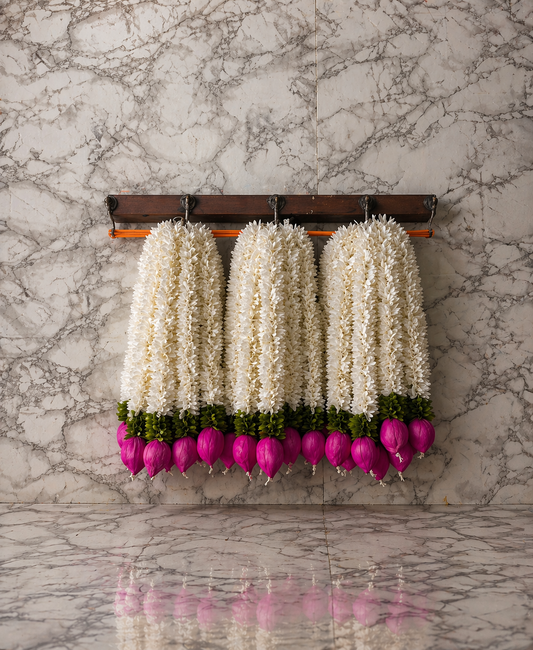 Elegant Artificial Jasmine Flower Hanging with Pink Lotus Buds – Premium Wall Decor (Set of 4 Strings)
